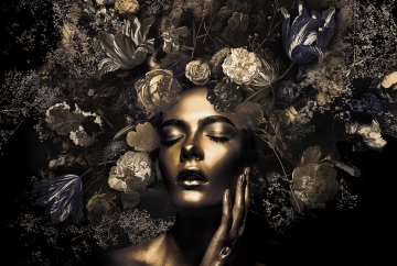 Gold woman with flowers III op glas 80x120