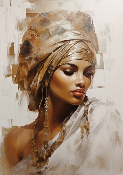 Een vrouw met een gouden hoofddoek en indrukwekkende oorbellen kijkt contemplatief, omlijst door een lichte achtergrond.