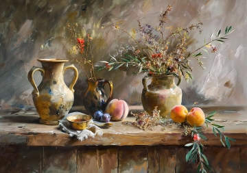 Vijf aardewerken vazen met kleurrijke takken en vruchten staan op een houten tafel, omringd door gedroogde bloemen.