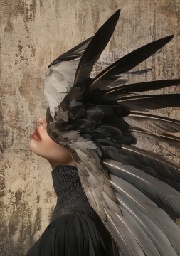 Woman with feathers II op glas 70x100