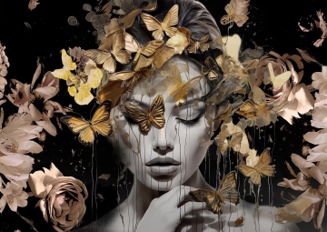 Een sereen portret van een vrouw met een bloemrijke hoed, omringd door gouden vlinders op een zwarte achtergrond.