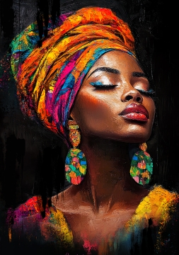 Elegante vrouw met een levendige, kleurrijke hoofddoek en grote, opvallende oorbellen, tegen een donkere achtergrond.