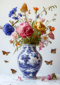 Kleurrijke boeket met roze, blauwe en gele bloemen in een klassieke blauwe en witte vaas, omgeven door vlinders.