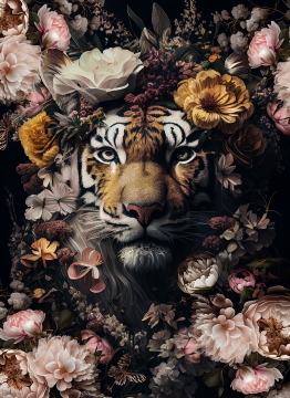 Tiger with flowers op glas 50x70