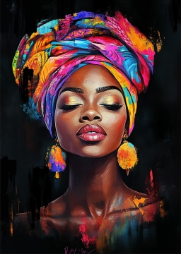 Elegante vrouw met een levendige, kleurrijke hoofddoek en grote, opvallende oorbellen, tegen een donkere achtergrond.