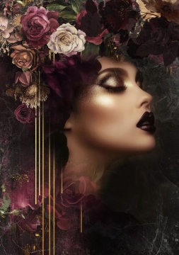 Burgundy gold woman I op glas 70x100