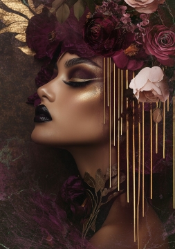 Burgundy gold woman II op glas 70x100