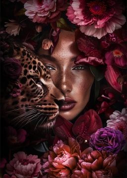 Burgundy woman and tiger op glas 70x100