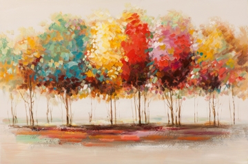 Kleurrijke abstracte bomen in herfsttinten, met levendige oranje, rode en gele bladeren tegen een lichte achtergrond.