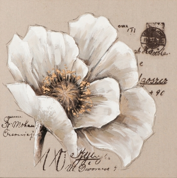 Witte bloem met een gouden hart, omringd door vintage teksten en stempels op een beige achtergrond.