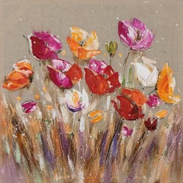 Kleurrijke bloemen in verschillende tinten rood, roze, oranje en wit, met een abstracte achtergrond van bruin en textuureffecten.