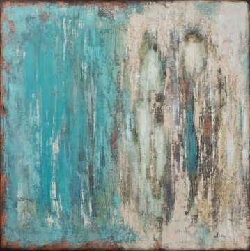 Abstracte schildering met een combinatie van aquamarijn, beige en bruin, met een textuur van strepen en vlekken.