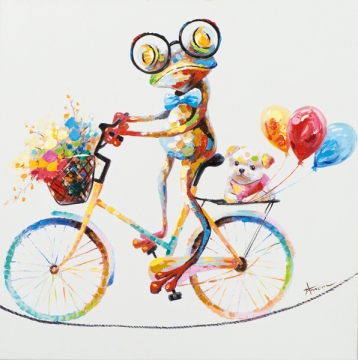 schilderij kikker op fiets 70x70