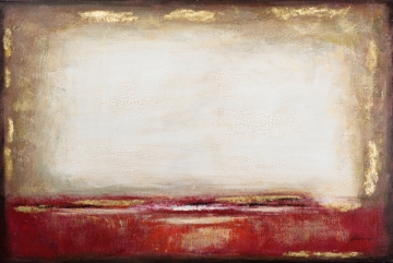 Abstracte schildering met een zachte, neutrale achtergrond en een rijke, rode ondergrond, afgezoomd met gouden accenten.