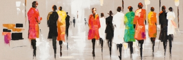 Groep abstracte figuren in levendige kleuren zoals rood, groen en oranje, die in een stadsomgeving met zachte lijnen wandelen.