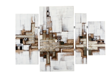 Abstracte kunst met wit, bruin en zwart, bestaande uit meerdere panelen met geometrische vormen en texturen.