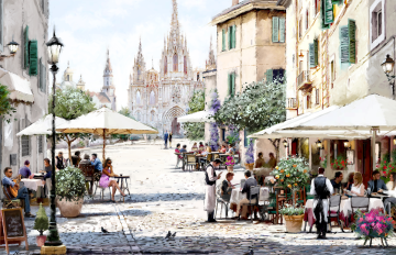 Gezellige straat met terrasjes, parasols en mensen die genieten van hun maaltijden, omringd door pittoreske gebouwen.