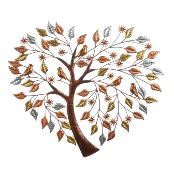 Een hartvormige boom met bronzen, gouden en zilveren bladeren en vogels, strategisch geplaatst op een witte achtergrond.