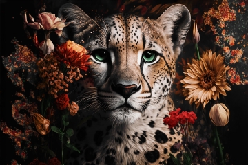 Panter met bloemen op canvas 100x150