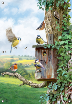 Tuinposter vogelhuisje aan boom 70x100