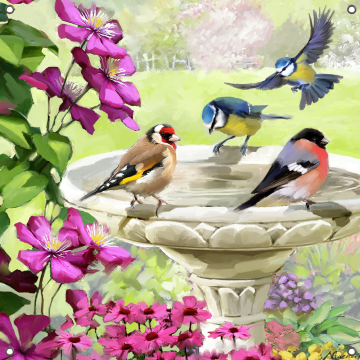 Tuinposter vogels bij drinkplateau 80x80