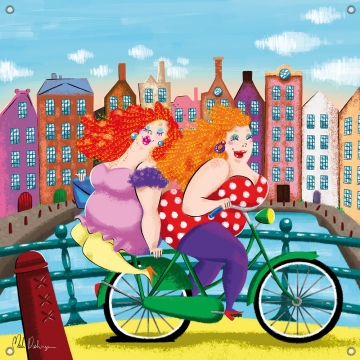 Tuinposter dikke dames aan de gracht op de fiets 80x80