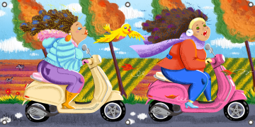 Tuinposter dames op de scooter 70x140