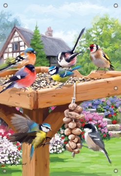 Tuinposter vogels op voederplateau 70x100