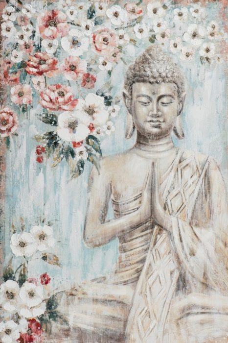 Buddha in meditatiehouding, omringd door bloemen in zachte pasteltinten op een verweerd, schilderachtig achtergrond. Buddha in meditatiehouding, omringd door bloemen in zachte pasteltinten op een verweerd, schilderachtig achtergrond.