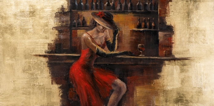 Een vrouw in een klassieke rode jurk zit ontspannen aan een bar met een glas wijn, omgeven door flonkerende gouden accenten. Een vrouw in een klassieke rode jurk zit ontspannen aan een bar met een glas wijn, omgeven door flonkerende gouden accenten.