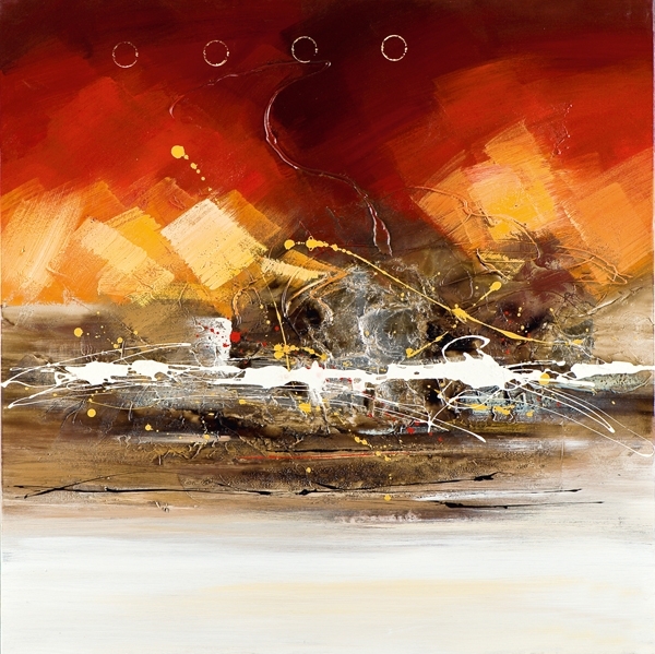 Abstracte schildering met warme tinten van rood en oranje, dynamische lijnen en spatten van wit en geel op een bruinachtige achtergrond.