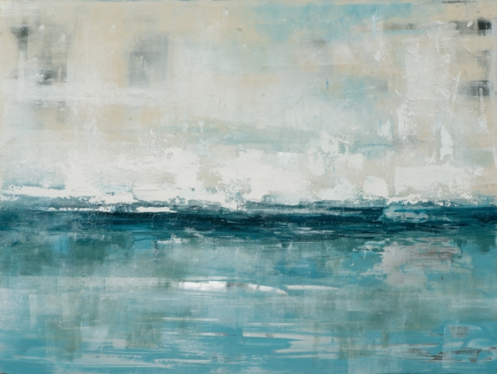 Abstracte compositie met zachte tinten turquoise en beige, met vegen en een reflectie-effect op de wateroppervlakte.
