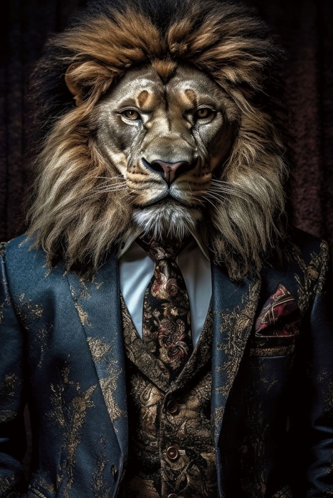 Een leeuw met een majestueuze manen staat in een elegant donkerblauw kostuum met gouden details en een stijlvolle das. Een leeuw met een majestueuze manen staat in een elegant donkerblauw kostuum met gouden details en een stijlvolle das.