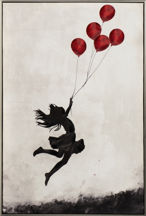 Een silhouet van een meisje in een zwart jurkje springt omhoog met vijf helderrode ballonnen op een lichte achtergrond. Een silhouet van een meisje in een zwart jurkje springt omhoog met vijf helderrode ballonnen op een lichte achtergrond.