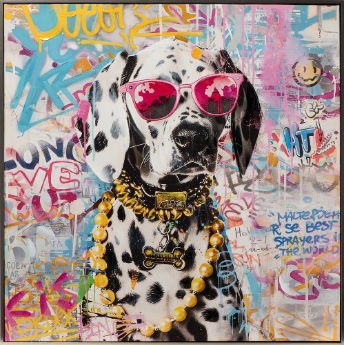 Een zwarte en witte Dalmatiër met roze zonnebril en een gouden ketting, omgeven door kleurrijke graffiti. Een zwarte en witte Dalmatiër met roze zonnebril en een gouden ketting, omgeven door kleurrijke graffiti.