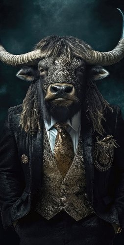 Een elegante mannelijke stier met gedetailleerde hoorns en een gepersonaliseerd pak, met een mysterieuze achtergrond.