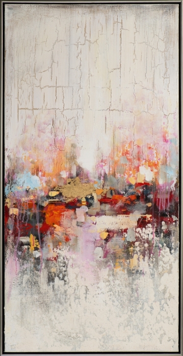 Abstract schilderij met een lichte, gebarsten achtergrond en levendige kleuren in oranje, roze en goud, met een dynamische compositie. Abstract schilderij met een lichte, gebarsten achtergrond en levendige kleuren in oranje, roze en goud, met een dynamische compositie.