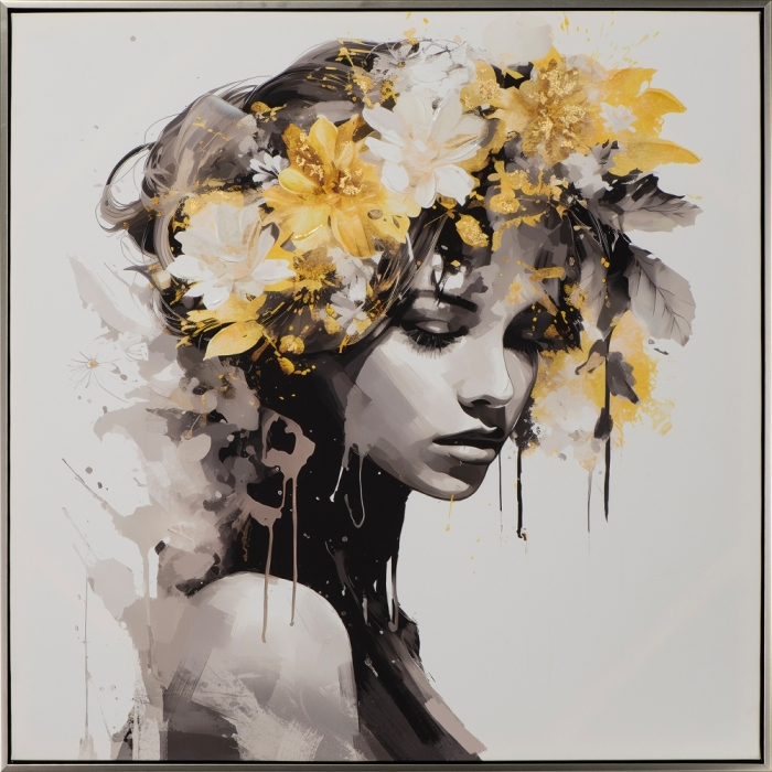 Een vrouwelijk portret met een subtiele grijstint, omringd door gouden en witte bloemen, met verfspetters die een dromerige sfeer creëren. Een vrouwelijk portret met een subtiele grijstint, omringd door gouden en witte bloemen, met verfspetters die een dromerige sfeer creëren.