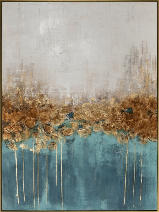 Abstracte schildering met een gouden ondergrond boven een aquamarijnblauwe tint, met verfstreken en druppels die textuur toevoegen. Abstracte schildering met een gouden ondergrond boven een aquamarijnblauwe tint, met verfstreken en druppels die textuur toevoegen.