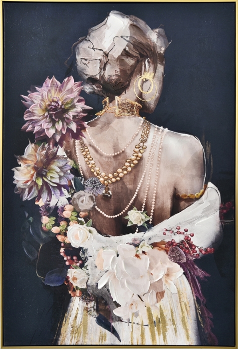 Een elegante vrouw met een ingewikkelde haarstijl en gouden accessoires, omringd door kleurrijke bloemen en parels. Een elegante vrouw met een ingewikkelde haarstijl en gouden accessoires, omringd door kleurrijke bloemen en parels.