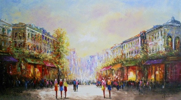 Drukke straat met kleurrijke gebouwen, een gouden lucht en mensen die zich mengen, stralend in levendige verfstreken. Drukke straat met kleurrijke gebouwen, een gouden lucht en mensen die zich mengen, stralend in levendige verfstreken.