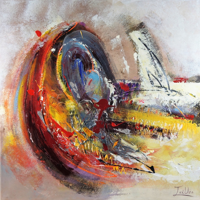 Kleurrijk abstract schilderij met vloeiende vormen in rood, geel en blauw, omlijst door grijze en bruine tinten.