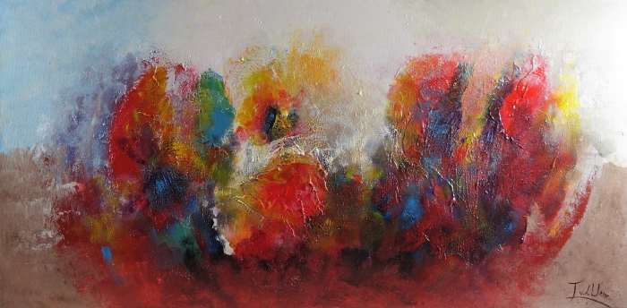 Kleurrijke abstracte schildering met vurige rode, gele en blauwe tinten, subtiele texturen en een zachte, lichte achtergrond. Kleurrijke abstracte schildering met vurige rode, gele en blauwe tinten, subtiele texturen en een zachte, lichte achtergrond.