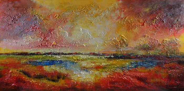 Kleurrijke abstracte schilderij met een warme mix van rood, geel en oranje, en een vloeiende blauwe waterpartij onder een dynamische lucht. Kleurrijke abstracte schilderij met een warme mix van rood, geel en oranje, en een vloeiende blauwe waterpartij onder een dynamische lucht.