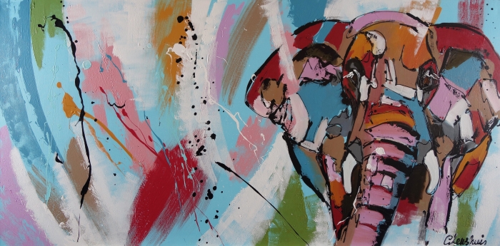 Een grote olifant in felle kleuren, omringd door abstracte verfspetters in blauw, roze en groen. Een grote olifant in felle kleuren, omringd door abstracte verfspetters in blauw, roze en groen.