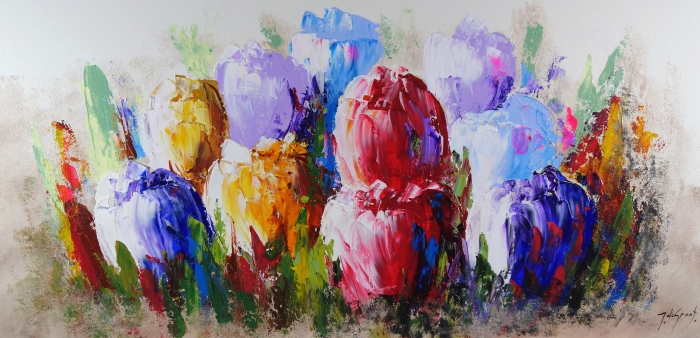Vivid kleuren van tulpen in een impressionistische stijl, met sterke penseelstreken in paars, rood, geel en blauw. Vivid kleuren van tulpen in een impressionistische stijl, met sterke penseelstreken in paars, rood, geel en blauw.