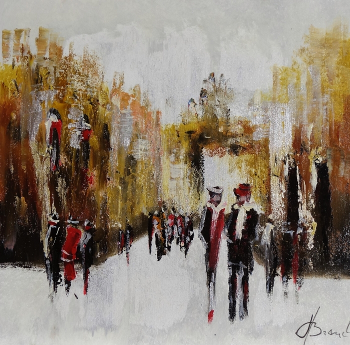 Drukke straat met figuren in klassieke kleding, omringd door warme tinten bruin en goud, met abstracte achtergronddetails. Drukke straat met figuren in klassieke kleding, omringd door warme tinten bruin en goud, met abstracte achtergronddetails.