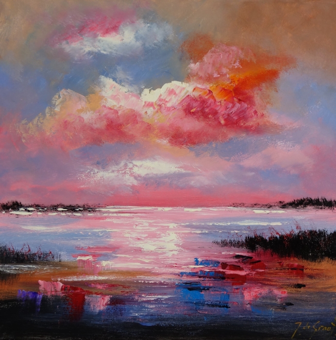 Prachtige schilderij van een kleurrijke horizon met roze en paarse wolken boven een reflecterende zee in warme tinten.