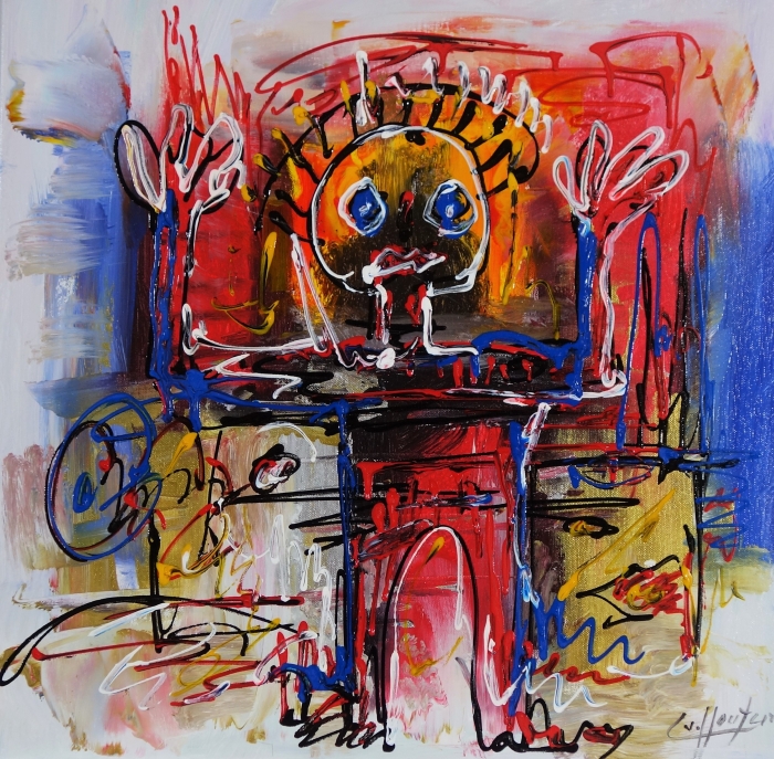 Kleurrijk abstract schilderij van een figuur met een grote, gele zonnekop en expressieve handen op een heldere achtergrond.