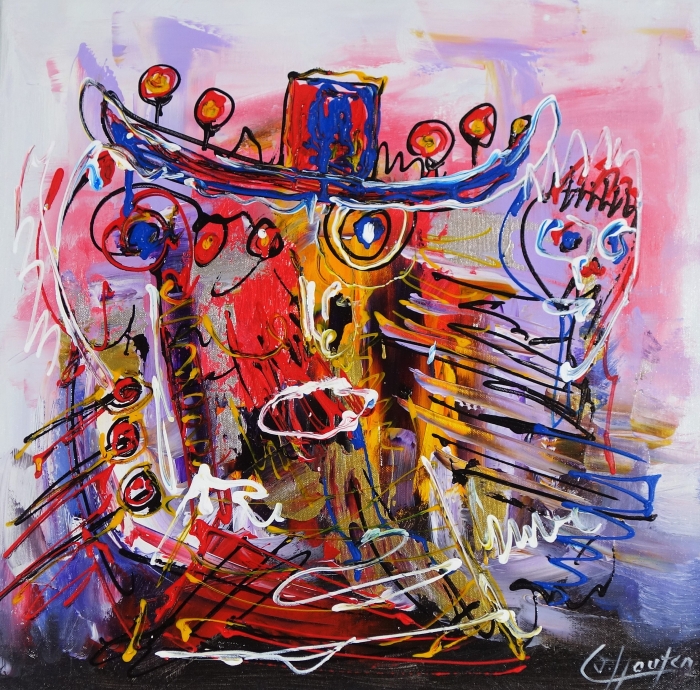 Kleurvolle abstracte schildering met gestrande gezichten in rood, blauw en geel, omlijst door dynamische kwaststreken en vormen.